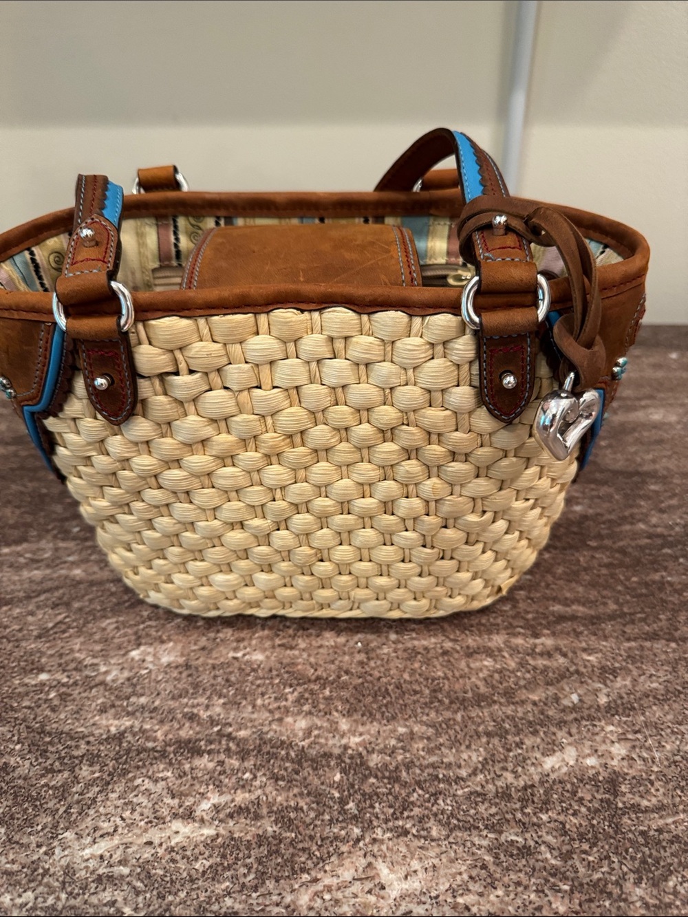 Brighton Straw Tote with Brown Leather and Blue Trim
